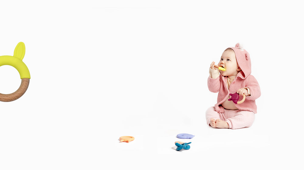 shop bunky teethers and clips for your little one. modern baby items great for gifts and baby showers.  Silicone bibs, silicone plates, suctioning plates and bowls, silicone spoons